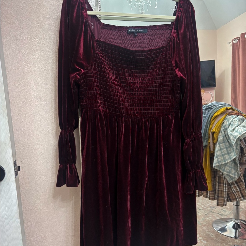 Velvet Long Sleeve Dress in Deep Burgundy